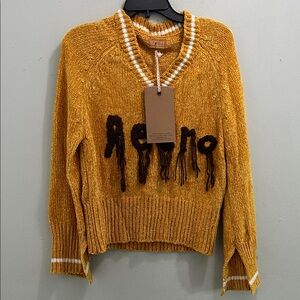 POL Mustard V-Neck Sweater with Brown Detailing
